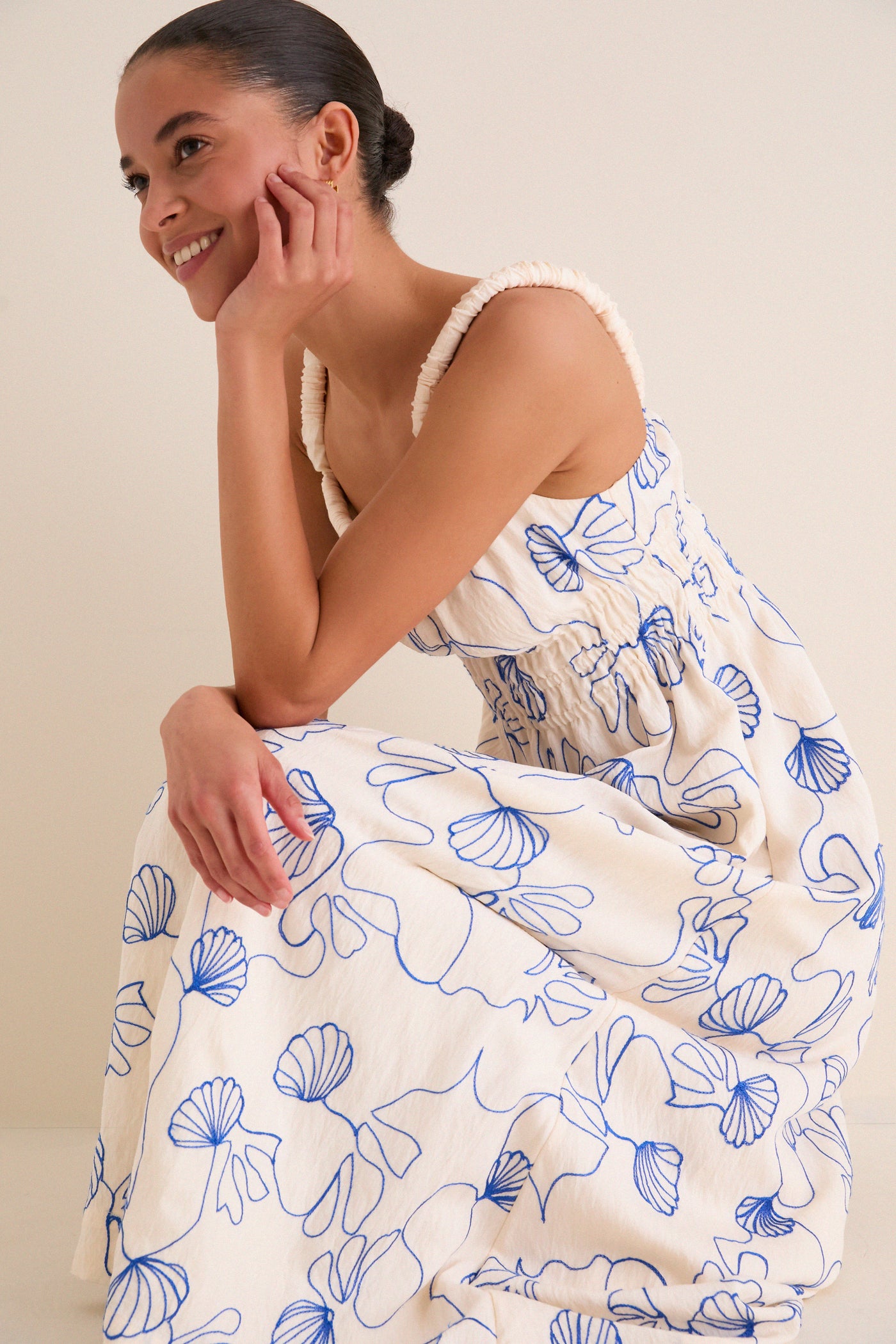 Hyacinth House Cream & Royal Blue Embroidered Beverly Maxi Dress Cream & Royal Blue Embroidered / L