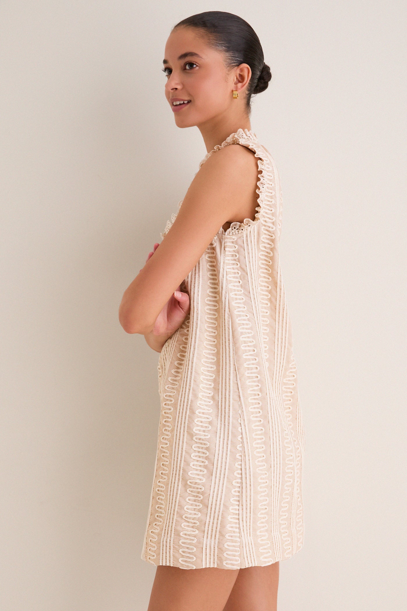 cream and tan dress Cream And Brown Print High Neck Tie Belt Midi Dress