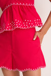 Red with White Embroidery Hallie Shorts
