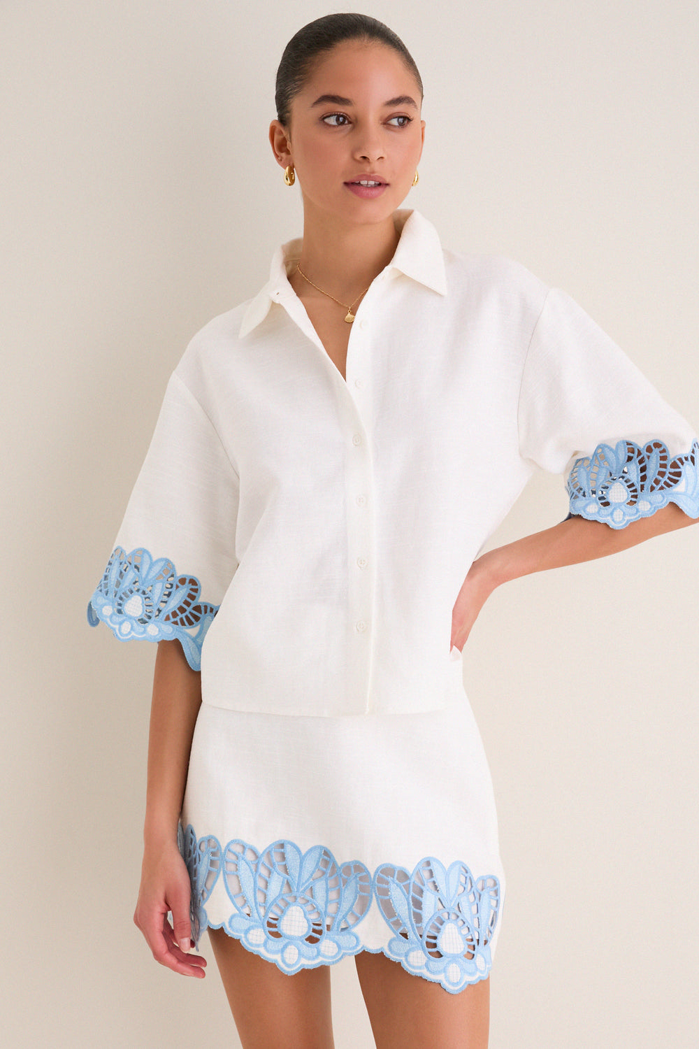 Sky Blue Embroidered Button-Up Beatrix Shirt