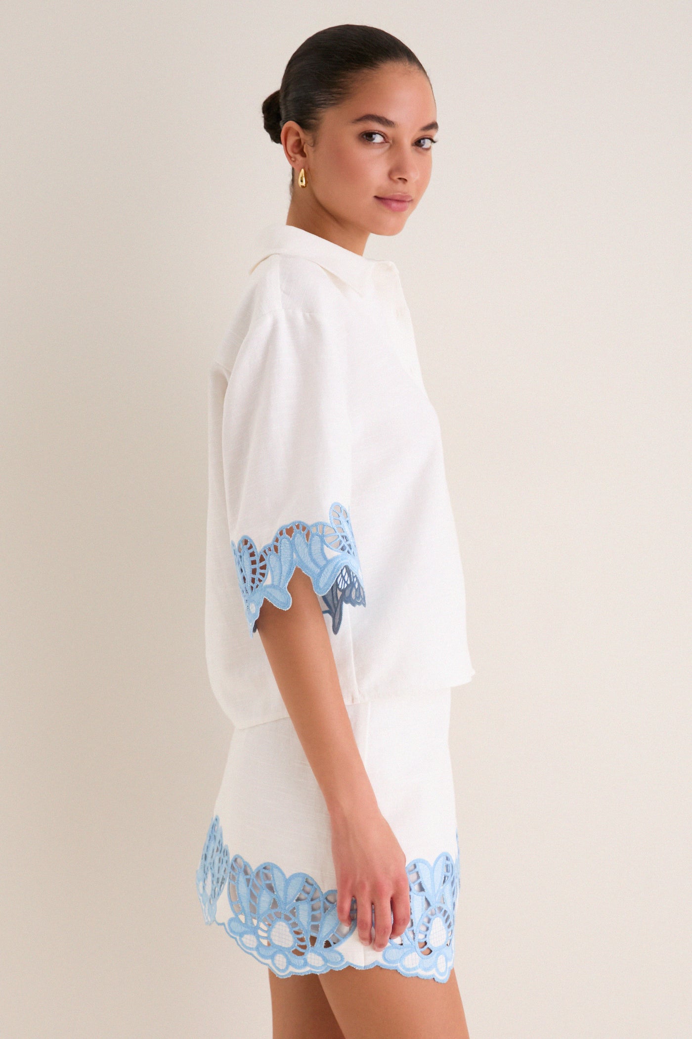 Sky Blue Embroidered Button-Up Beatrix Shirt