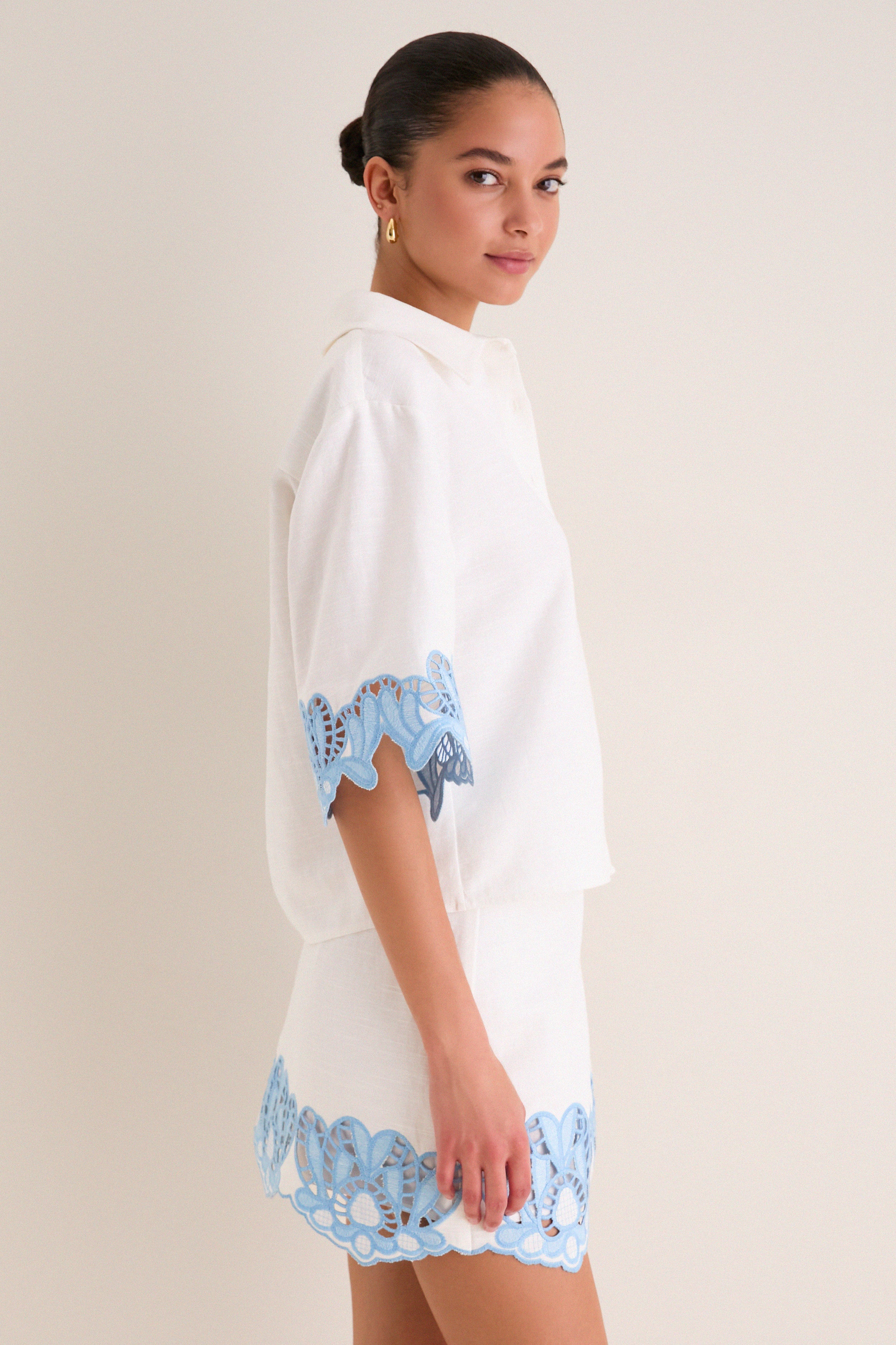 Sky Blue Embroidered Button-Up Beatrix Shirt