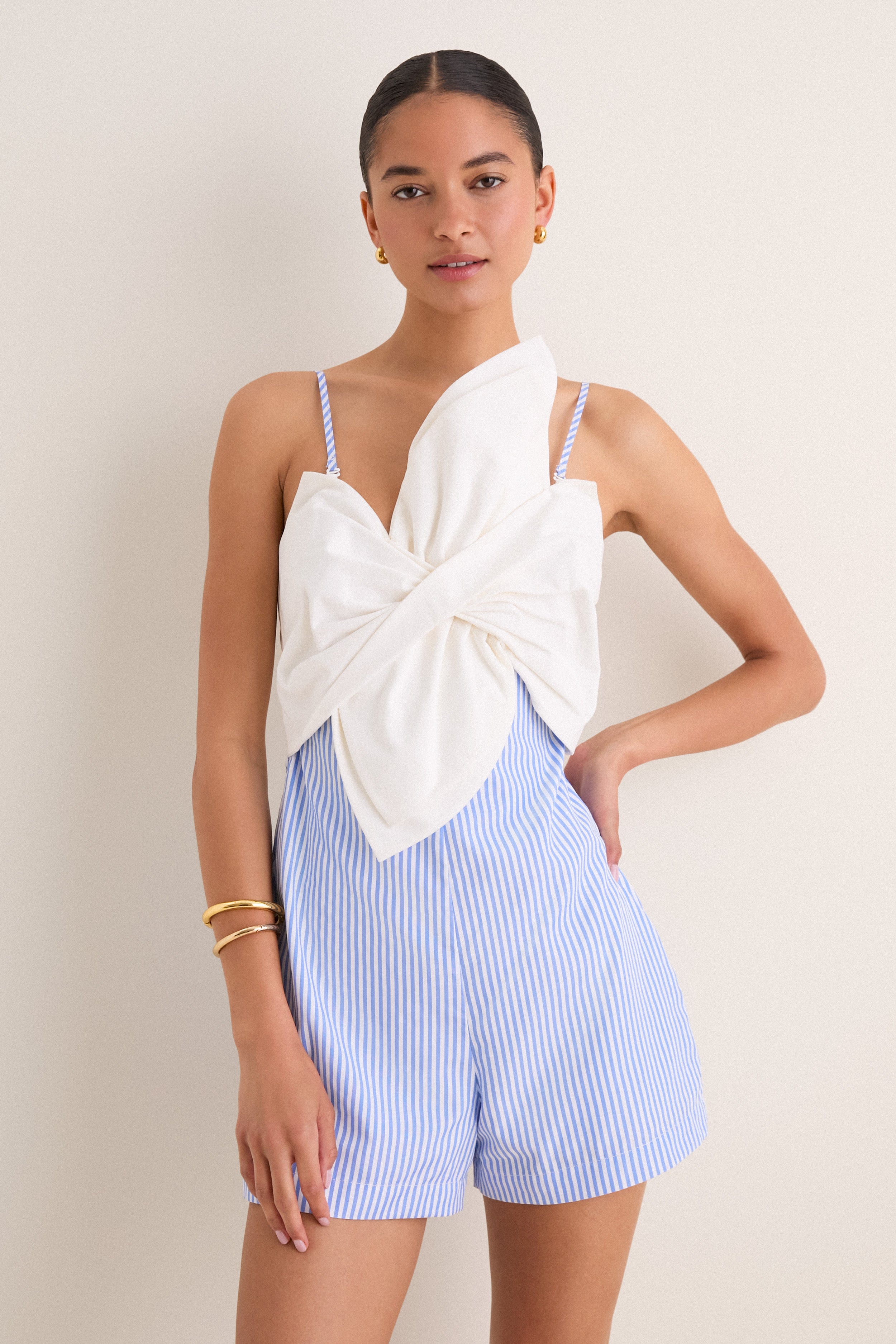 White & Blue Stripe Mixed-Media Magnolia Romper | Hyacinth House