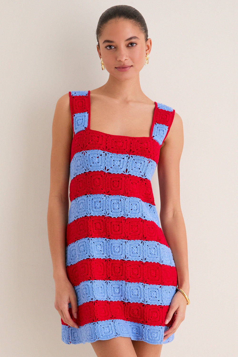 Cornflower Blue & Red Crochet Cooper Mini Dress Cornflower Blue & Red Crochet Cooper Mini Dress