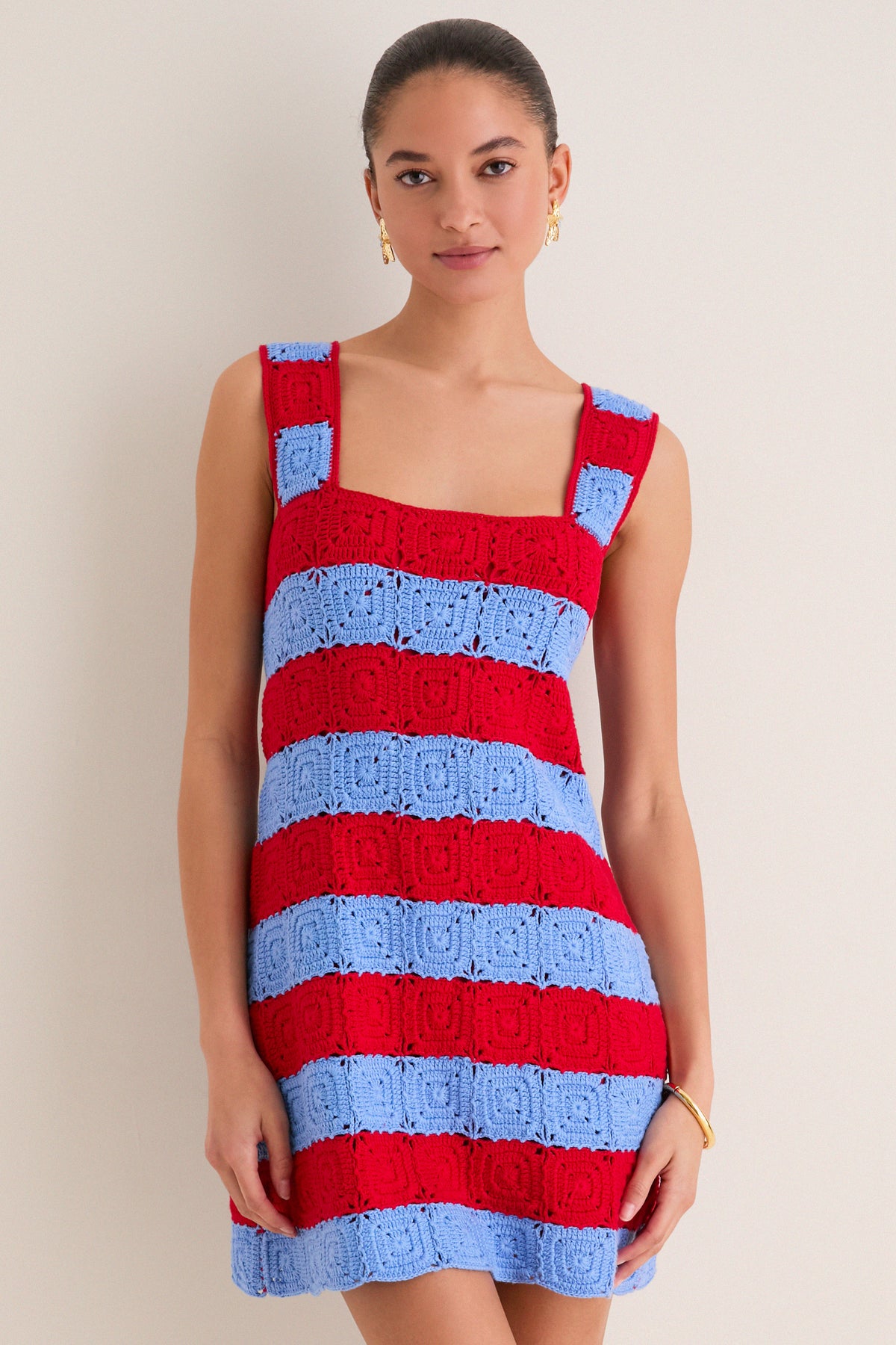 Cornflower Blue & Red Crochet Cooper Mini Dress