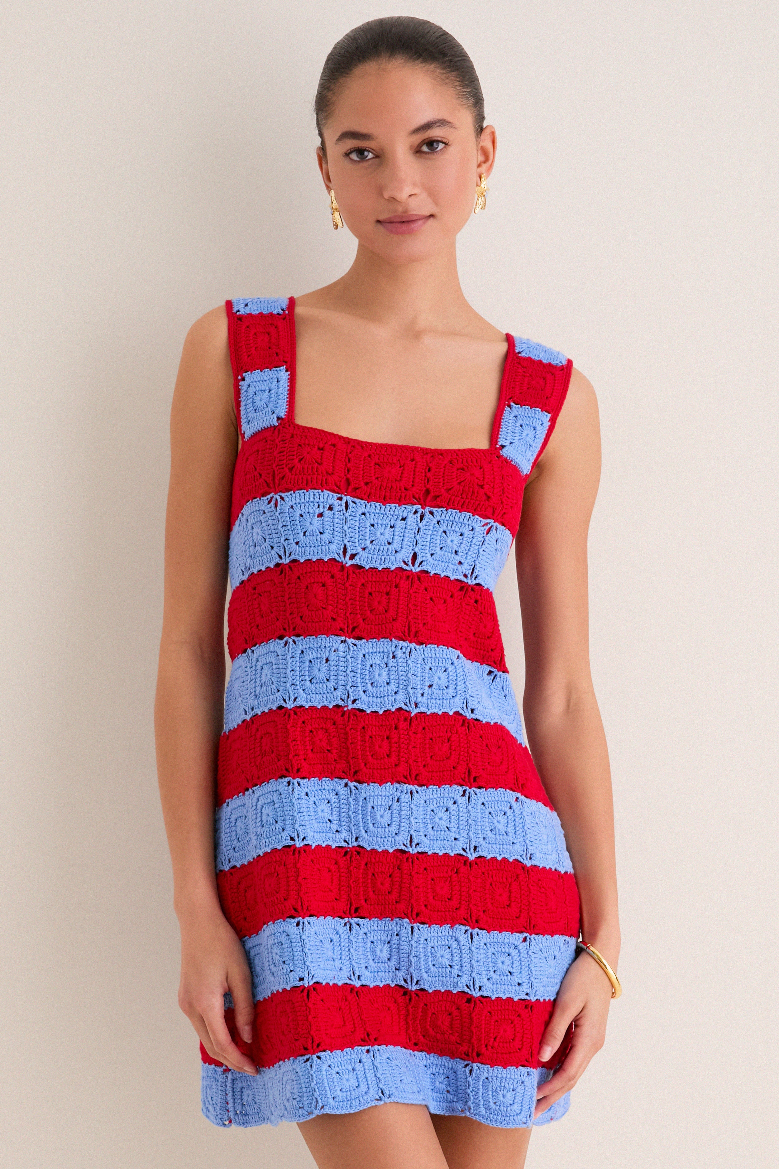 Hyacinth House Cornflower Blue & Red Crochet Cooper Mini Dress Cornflower Blue & Red / M