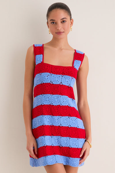 Hyacinth House Cornflower Blue & Red Crochet Cooper Mini Dress Cornflower Blue & Red / M