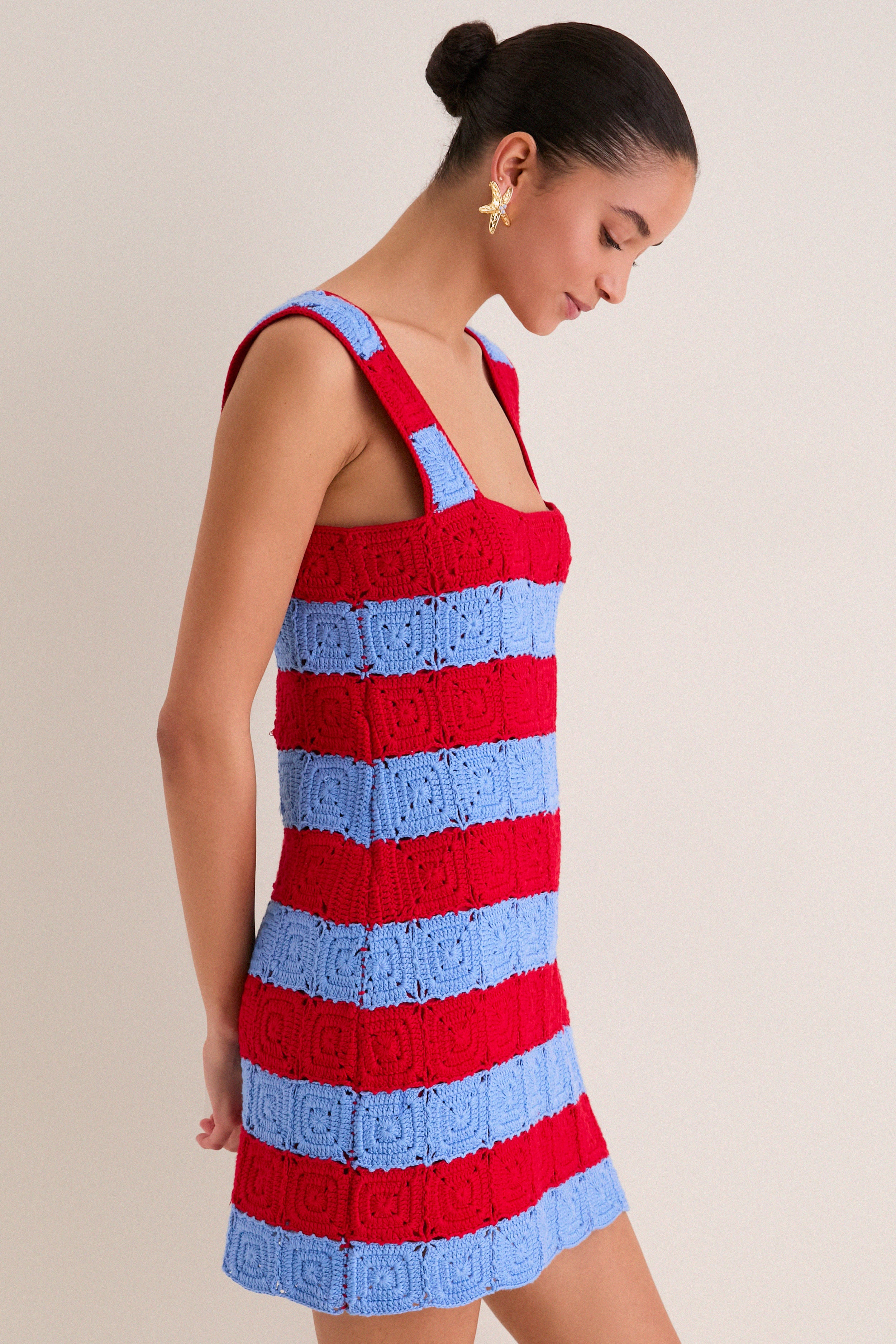 Hyacinth House Cornflower Blue & Red Crochet Cooper Mini Dress Cornflower Blue & Red / M
