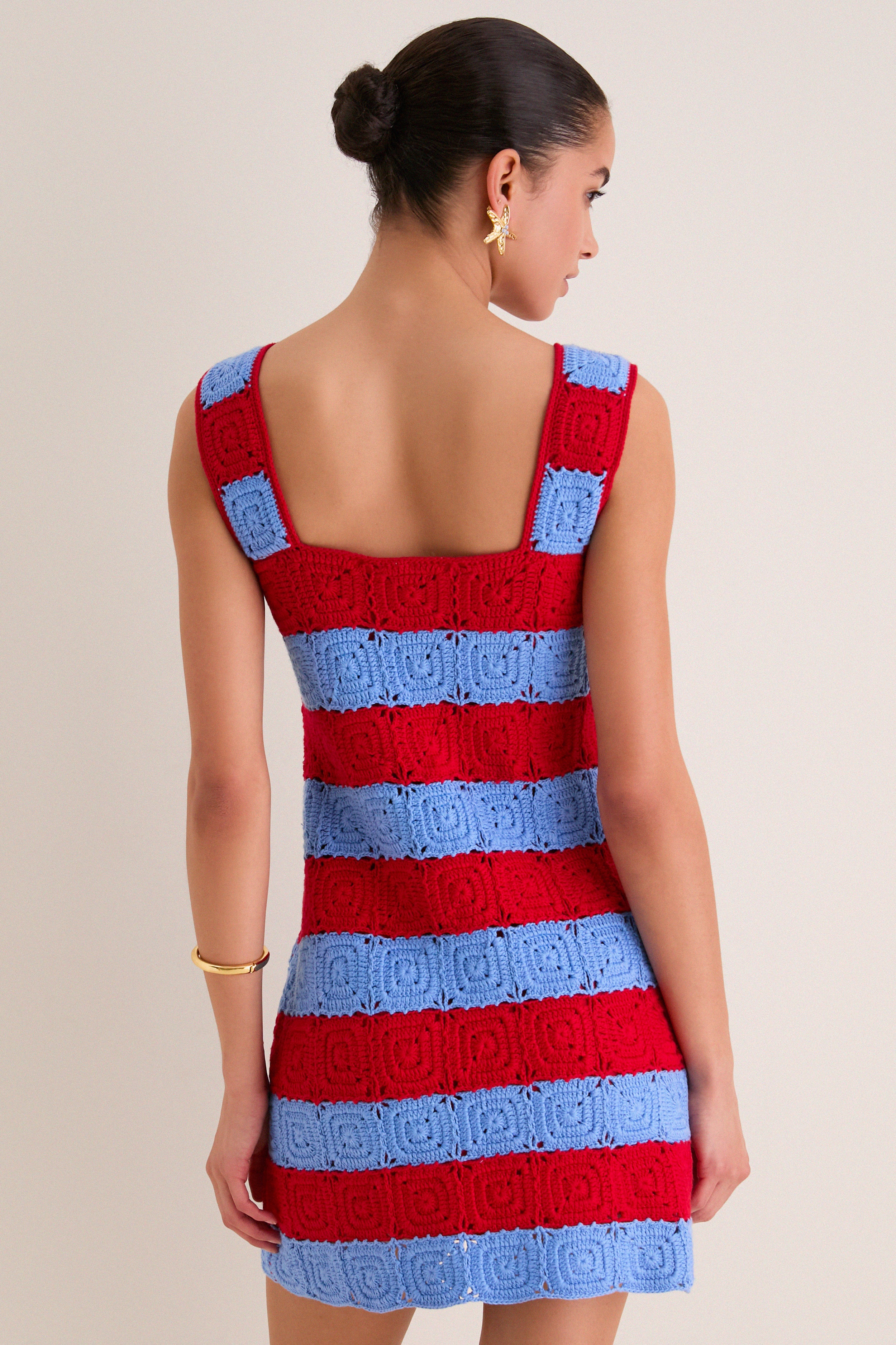 Hyacinth House Cornflower Blue & Red Crochet Cooper Mini Dress Cornflower Blue & Red / M