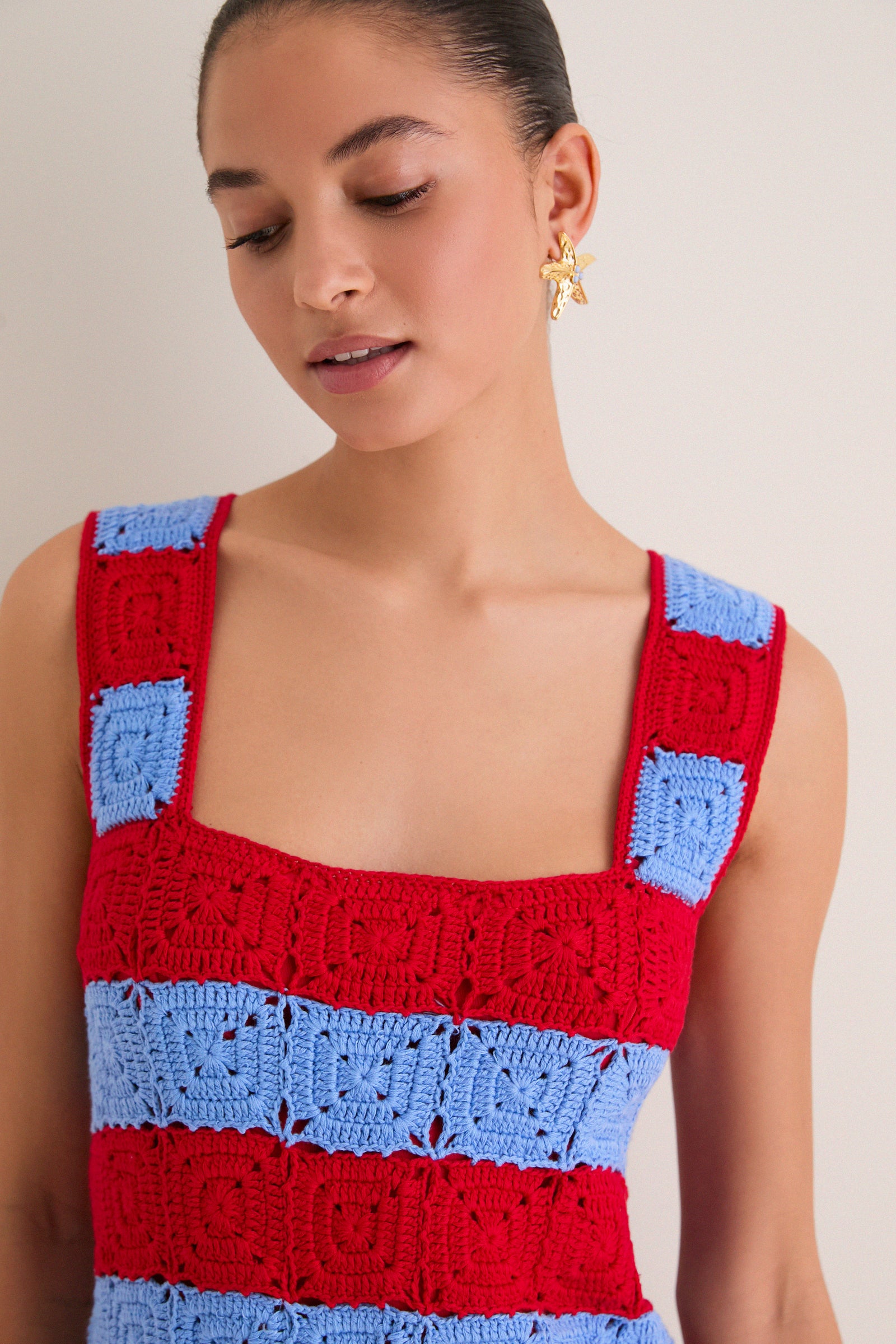 Hyacinth House Cornflower Blue & Red Crochet Cooper Mini Dress Cornflower Blue & Red / M