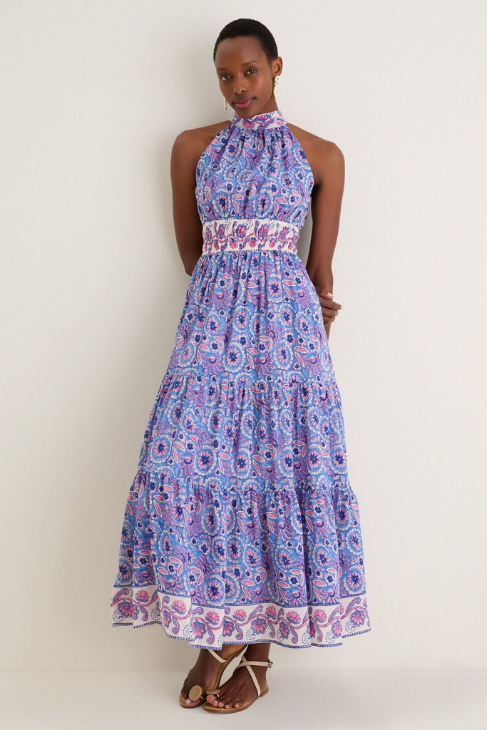Blue with Pink Flowers Bella Halter Maxi Dress