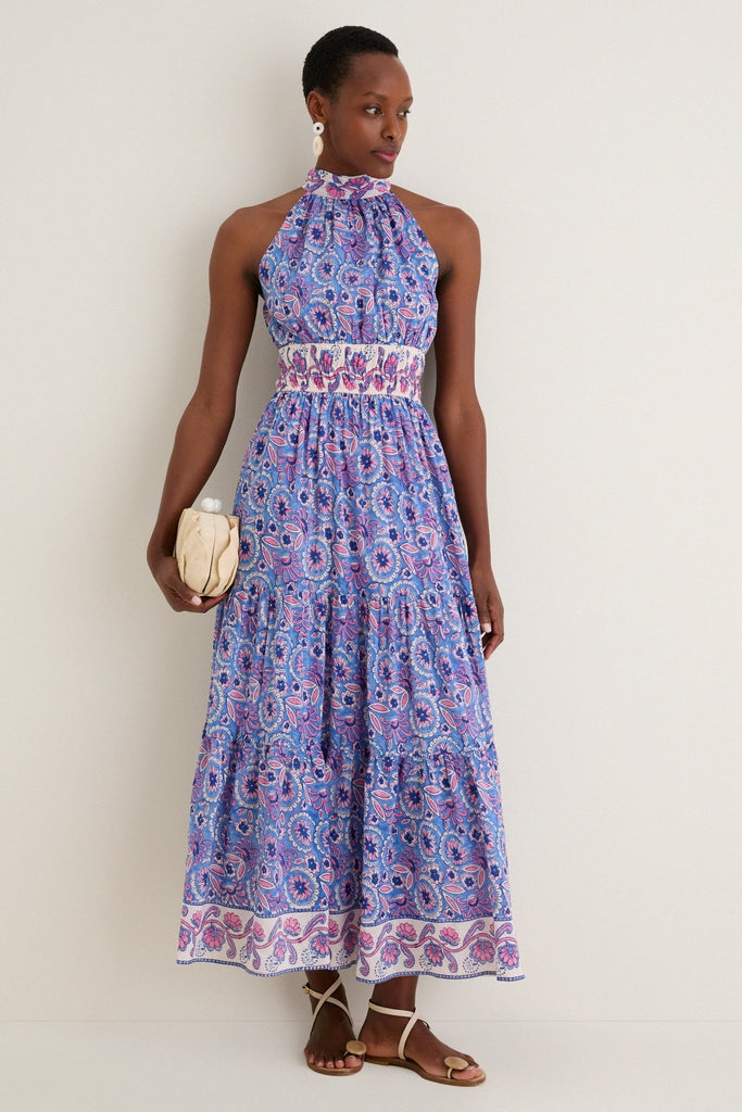 Blue with Pink Flowers Bella Halter Maxi Dress