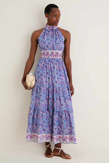 Blue with Pink Flowers Bella Halter Maxi Dress