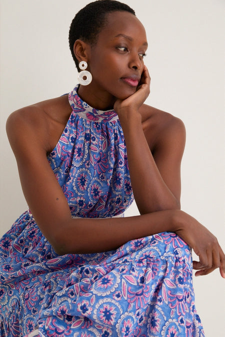 Blue with Pink Flowers Bella Halter Maxi Dress