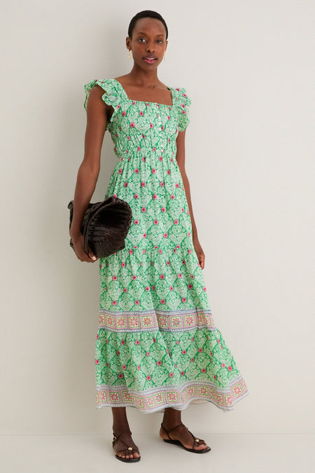 Green with Pink Flowers Fleur Maxi Dress