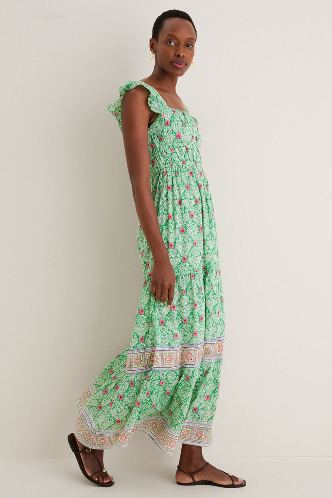 Green with Pink Flowers Fleur Maxi Dress