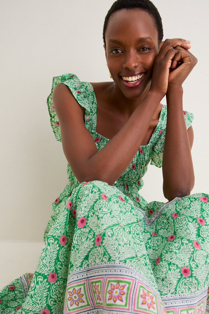 Green with Pink Flowers Fleur Maxi Dress