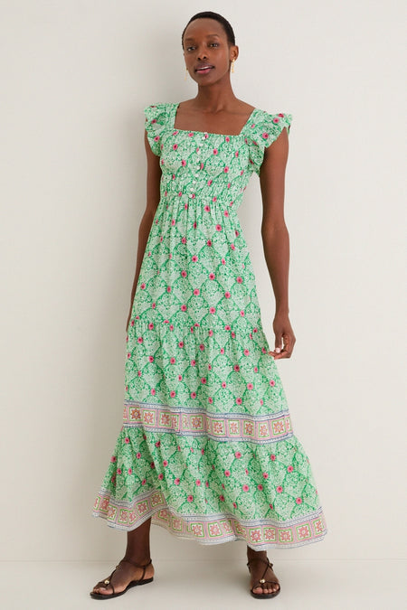 Green with Pink Flowers Fleur Maxi Dress
