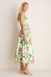 Saffier Bouquet Sabrina Midi Dress on a woman, showcasing a classic, effortless look with blooming florals, square neckline, and flared skirt, embodying high-end, fun elegance.