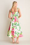 Saffier Bouquet Sabrina Midi Dress, a classic, effortless high-end piece with a square neckline, sleeveless fitted bodice, and flared skirt showing bold floral patterns.