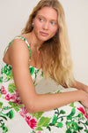 Saffier Bouquet Sabrina Midi Dress: A classic, effortlessly feminine piece featuring a sleeveless design, square neckline, and flared skirt with blooming florals for a fun, high-end look.