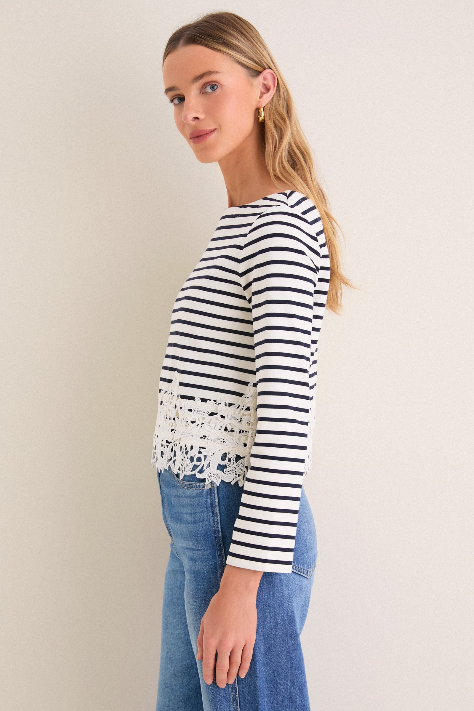 Dove and Navy Stripe Hovey Top with Lace