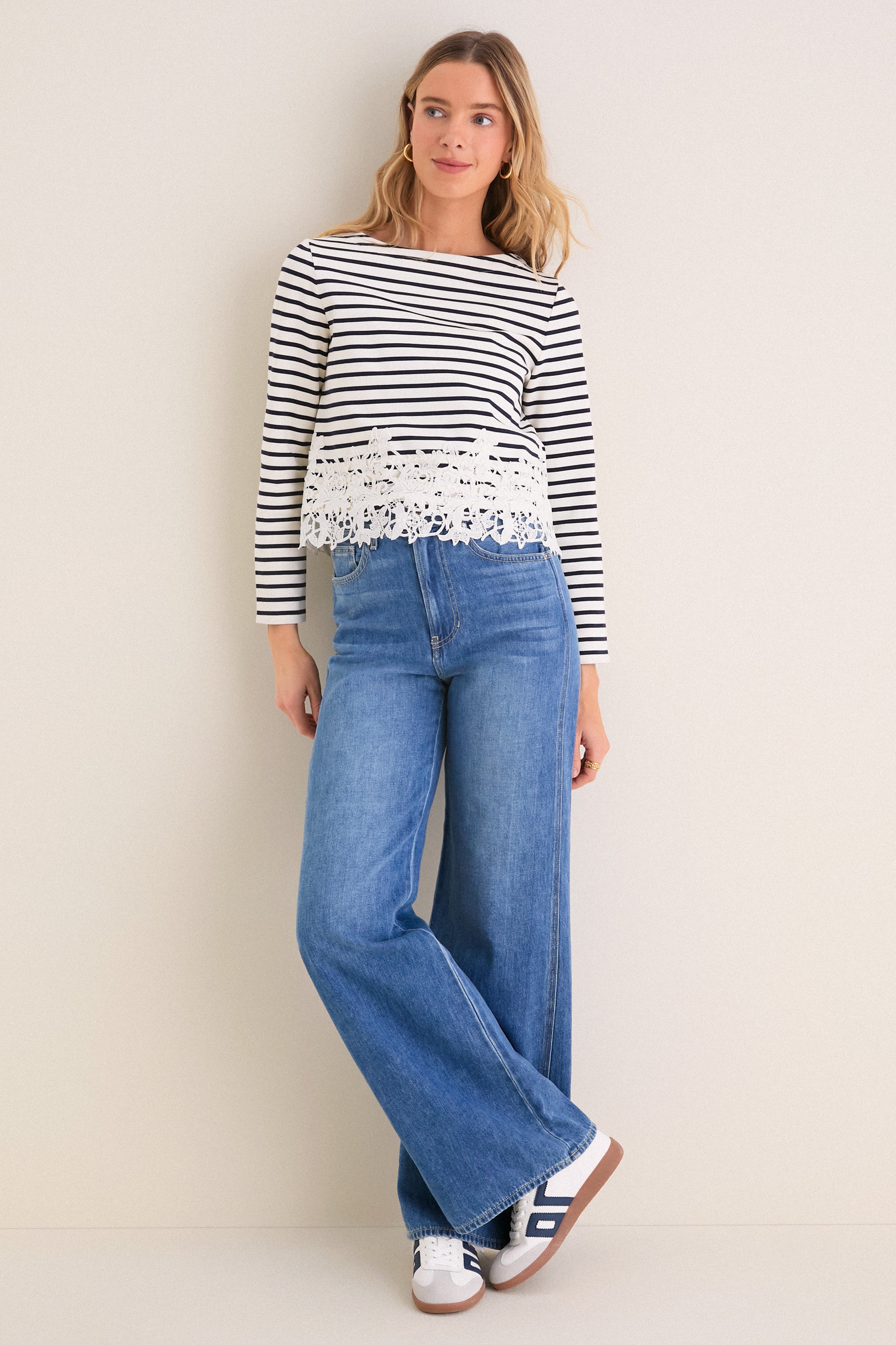 Dove and Navy Stripe Hovey Top with Lace