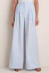 Classic Baby Blue Naces Tu Pants in high-rise, wide-leg silhouette with front pleats, styled with tan sandals. Effortless, high-end look for versatile occasions.