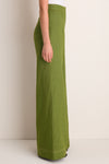 Profile view of Olive Green Vivir Pants showcasing a high-waisted, wide-leg cut with contrast stitching and back pocket detail, for an effortlessly classic, high-end look.