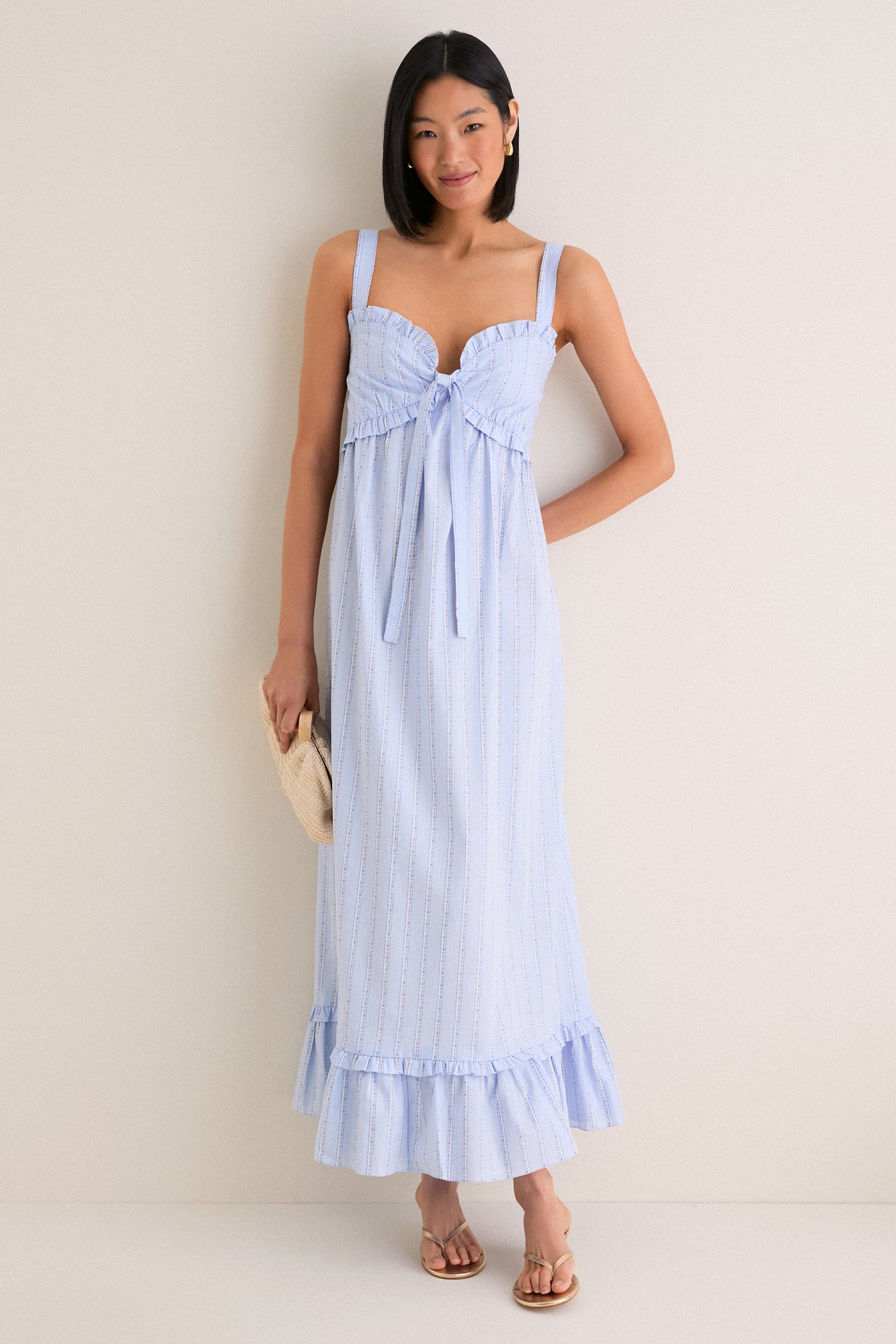 light blue dress with ruffles Sky Blue Striped Ruffle Maxi Dress