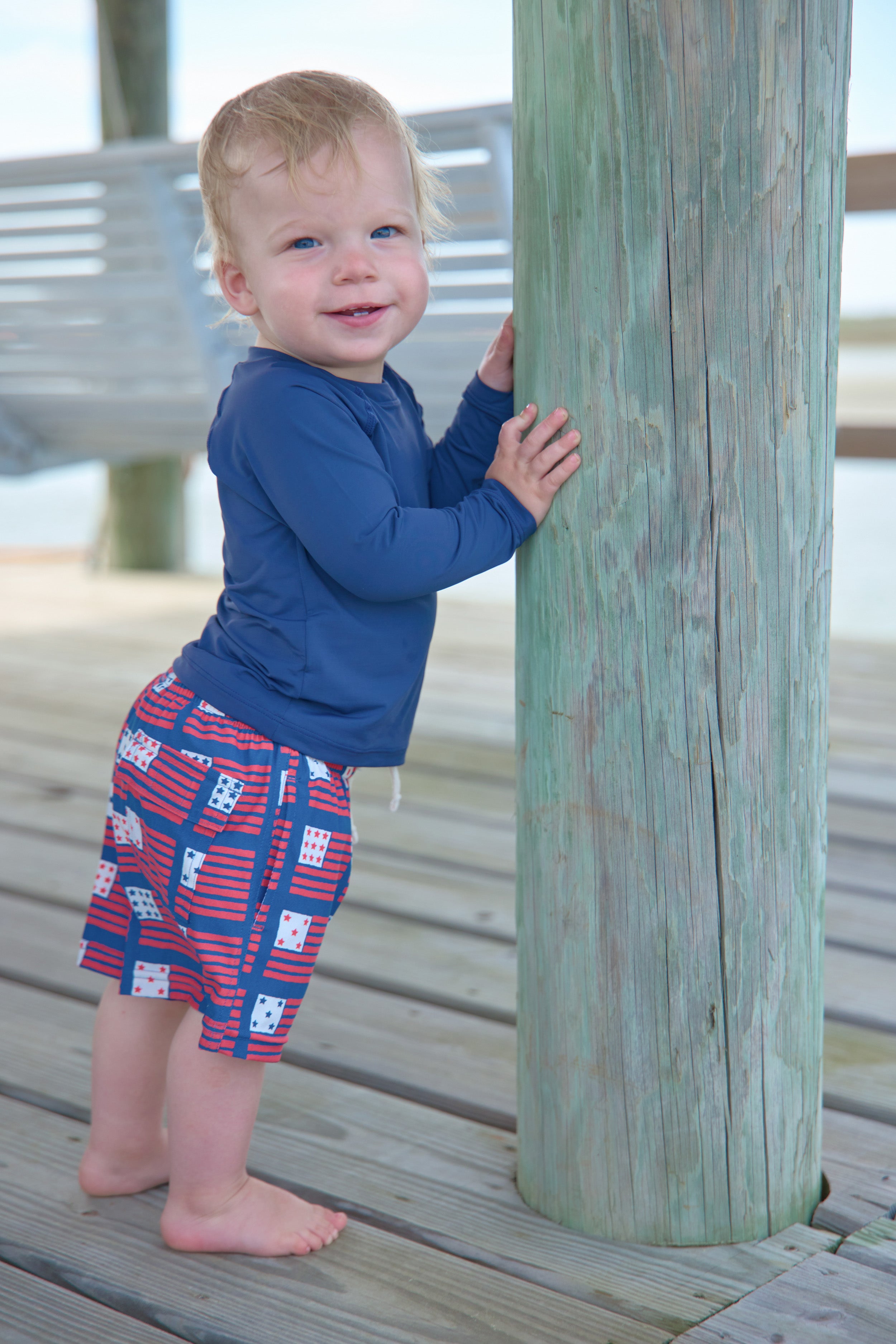 Boys Navy Flag Swim Trunk
