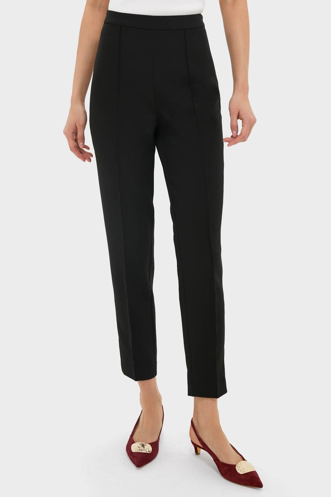 Black Audrey Pants styled with classic burgundy slingback pumps, showcasing an effortless and high-end look. Features slimming fit and elegant details for a fun, polished outfit.