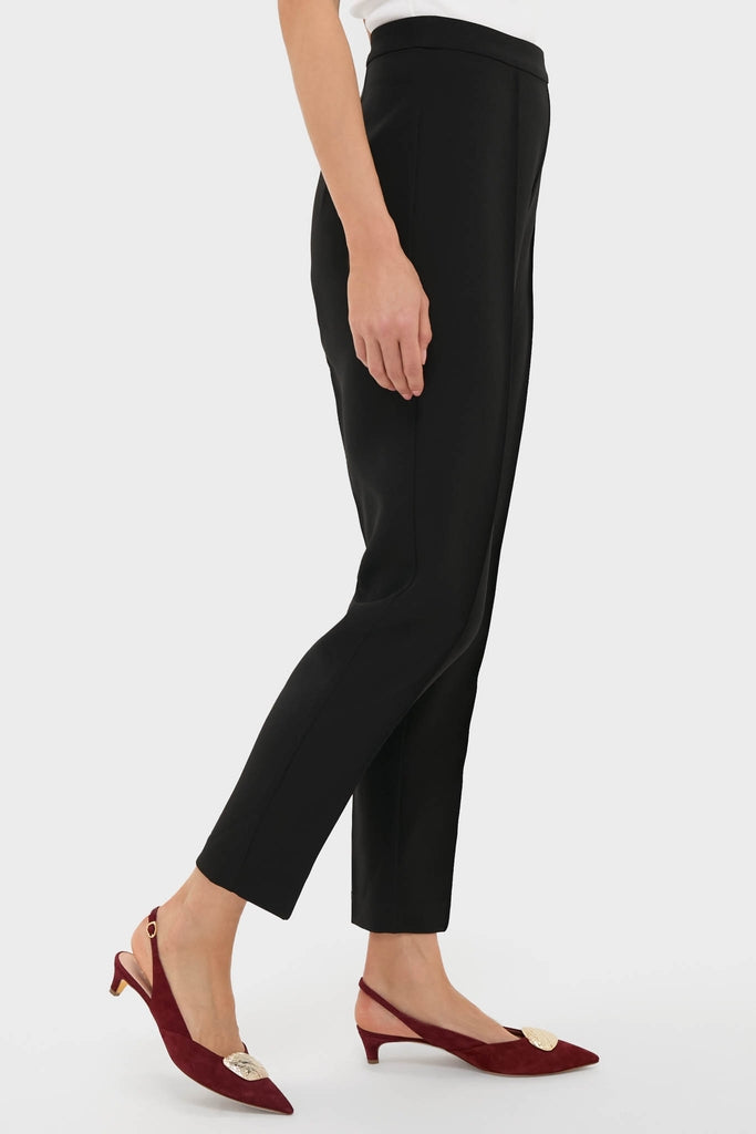 Effortlessly classic Black Audrey Pants with slimming fit, paired with fun burgundy slingback heels, exude high-end style for a confident, polished look.