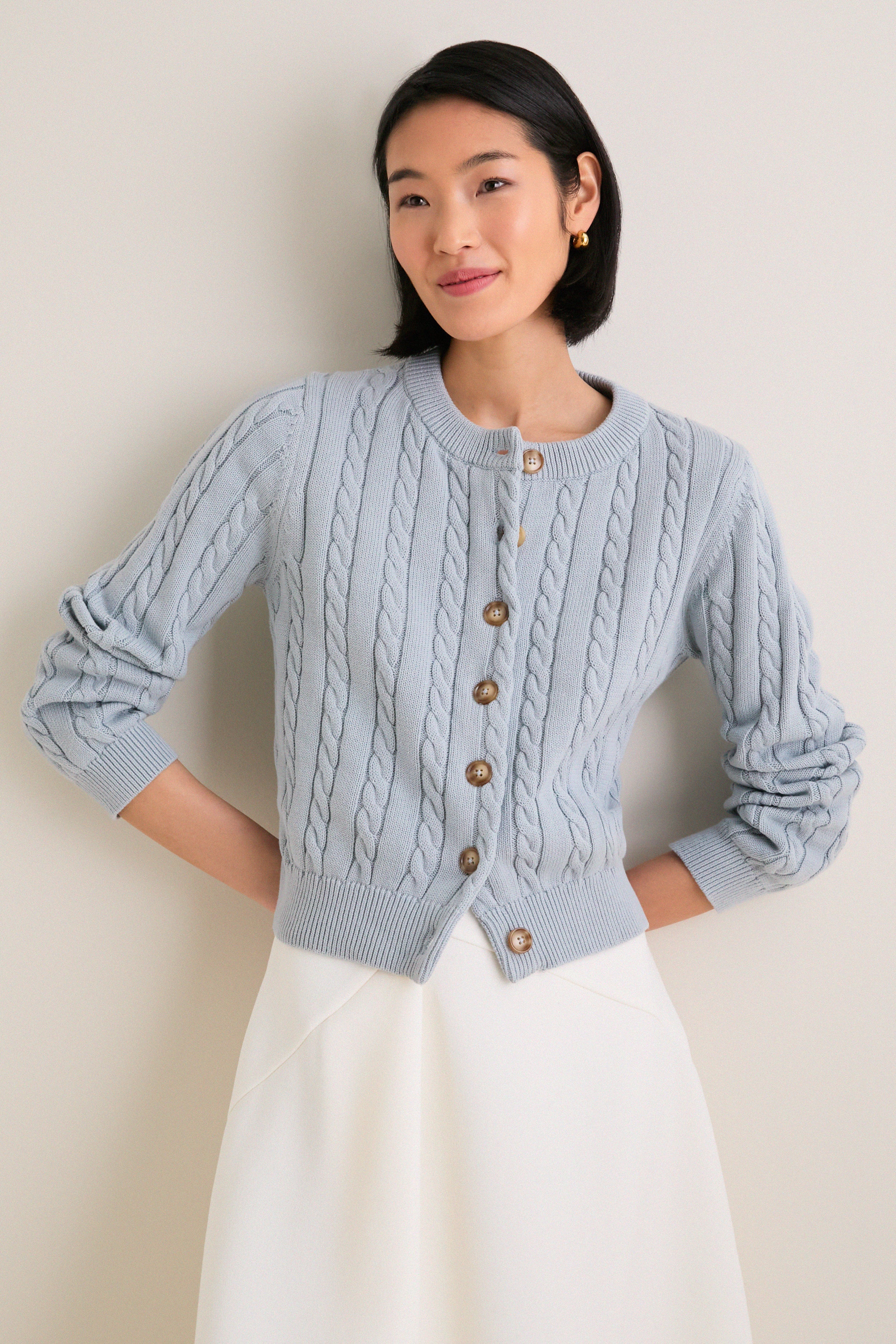 美品✨CADUNE カデュネ ドロストロングワンピース キーネック ブルー S Blue Cotton Cable Draper Cardigan | Tuckernuck