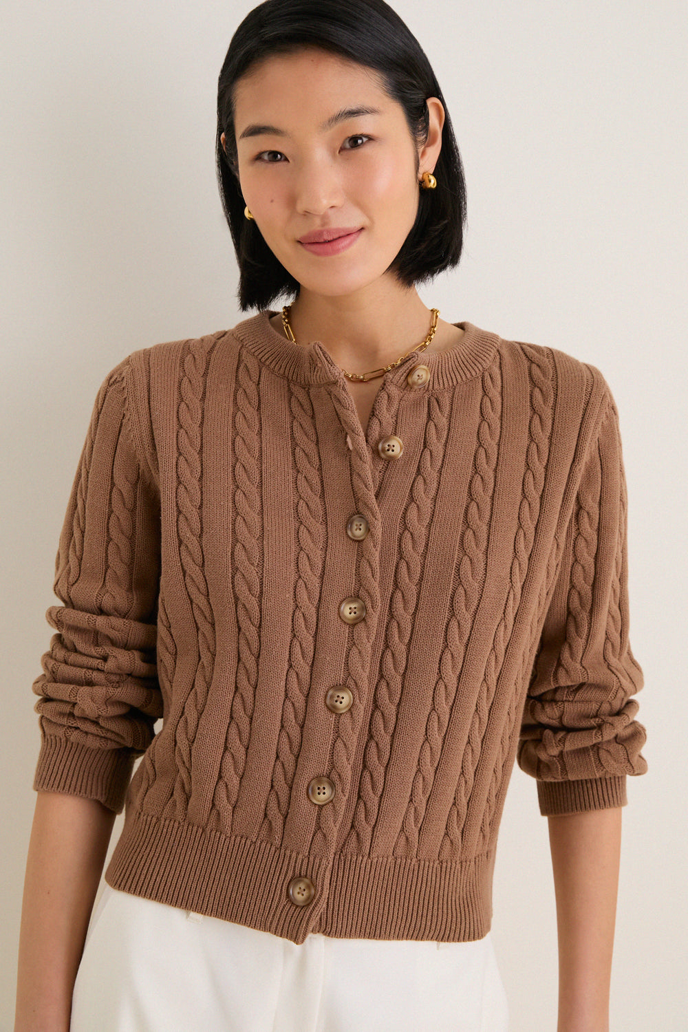 Mocha Cotton Cable Draper Cardigan