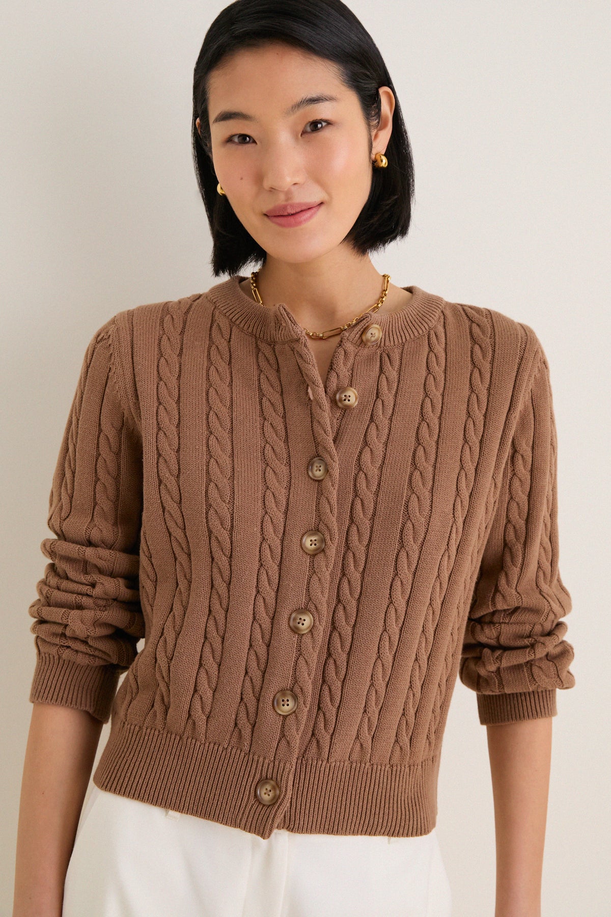 Mocha Cotton Cable Draper Cardigan