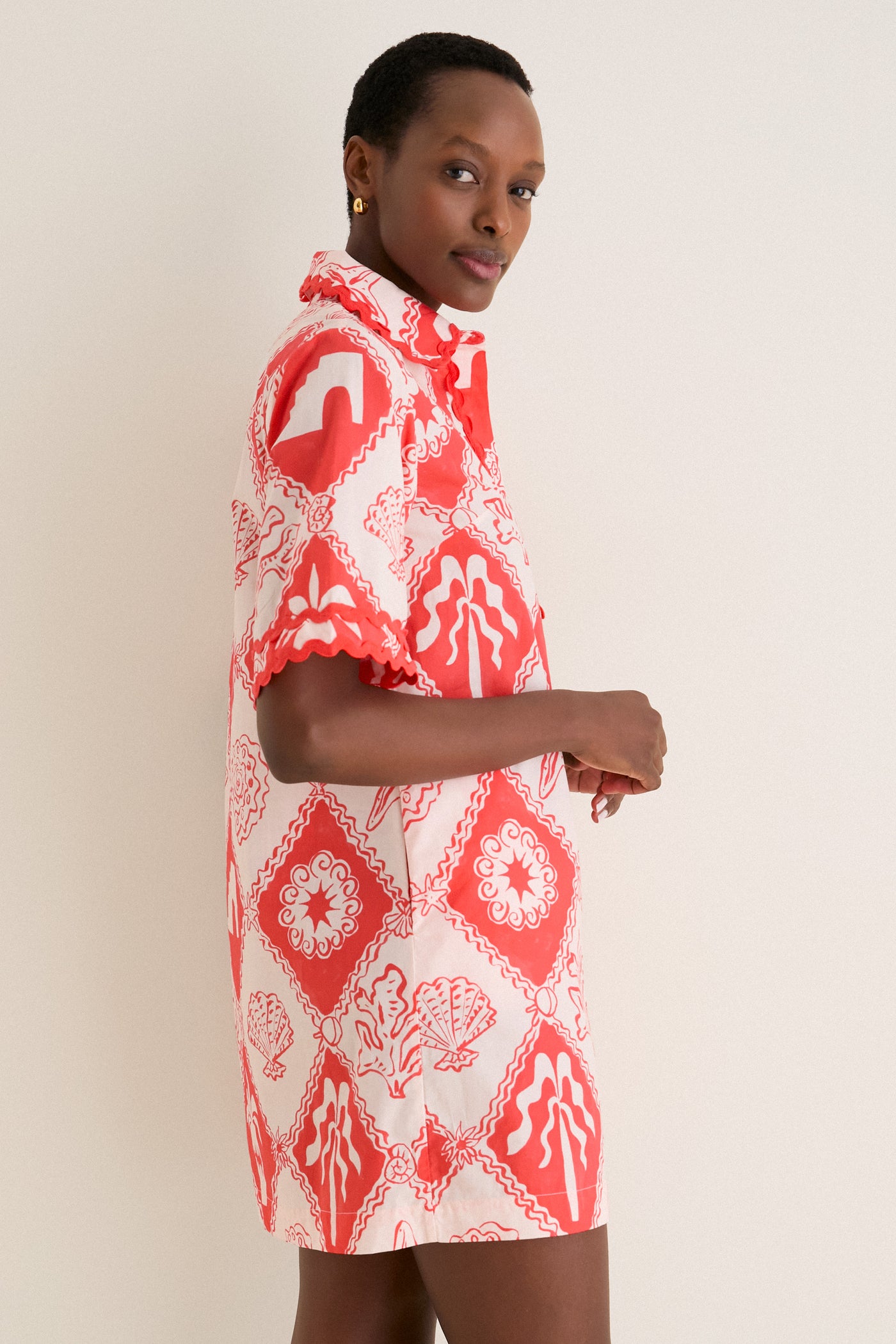 oasis red animal shirt dress Oliphant Asterias Red Collared Shirt Mini Dress Asterias Red / S