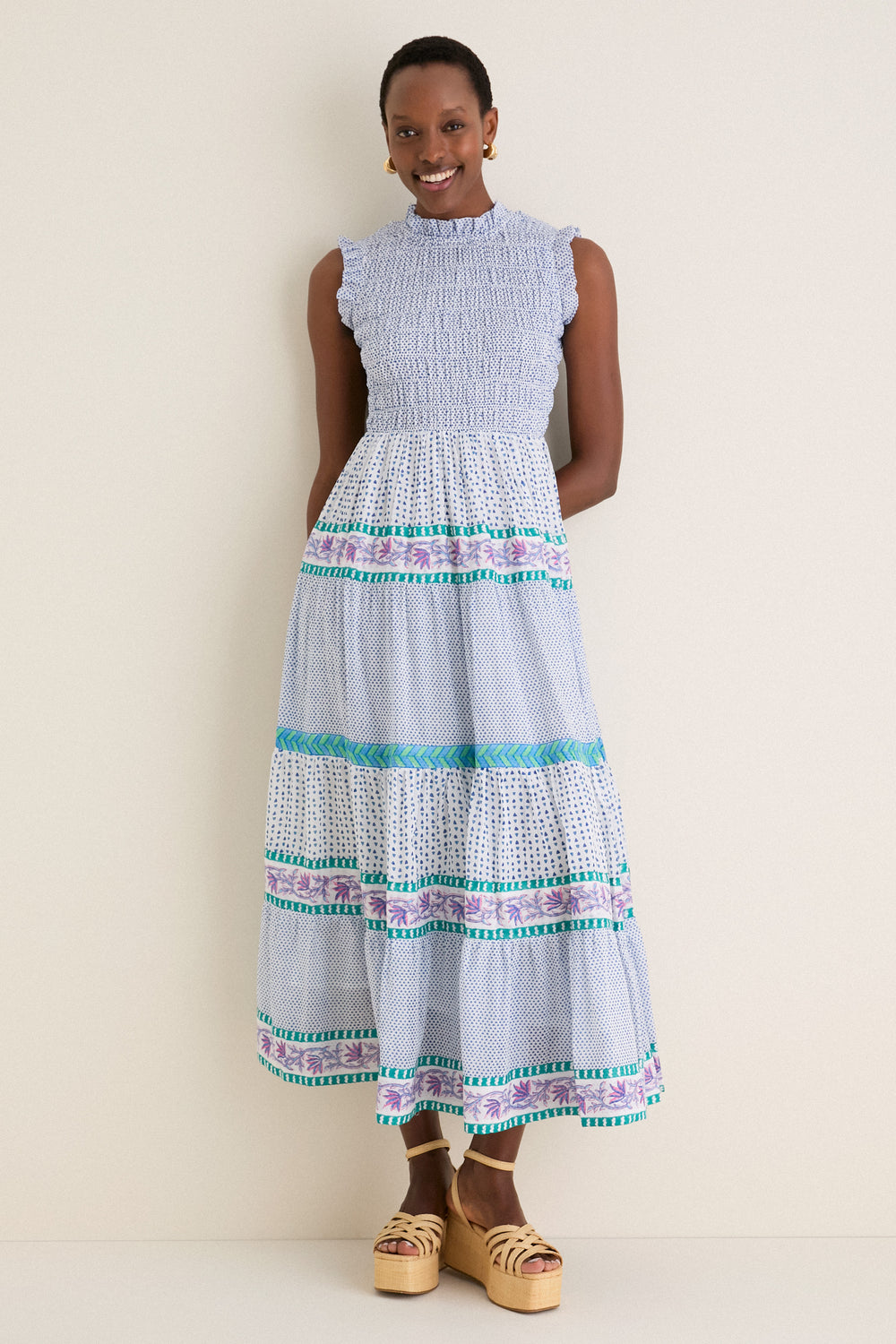 Oliphant Capri Blue Sleeveless Smocked Maxi Dress Capri Blue / XS Oliphant Capri Blue Sleeveless Smocked Maxi Dress Capri Blue / XS
