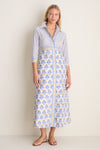 Arbor Blue Maxi Shirt Dress: A classic, effortless shirt dress with a floral motif, three-quarter sleeves, and mother-of-pearl buttons. Perfect for high-end, fun garden parties.