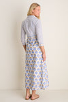 Arbor Blue Maxi Shirt Dress: A classic, effortless wrap dress with a floral motif, perfect for high-end, fun occasions. Features three-quarter sleeves and metallic-gold sandals.