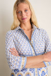 Arbor Blue Maxi Shirt Dress on blonde woman, showcasing classic, effortless style with a fun floral print and high-end detailing.