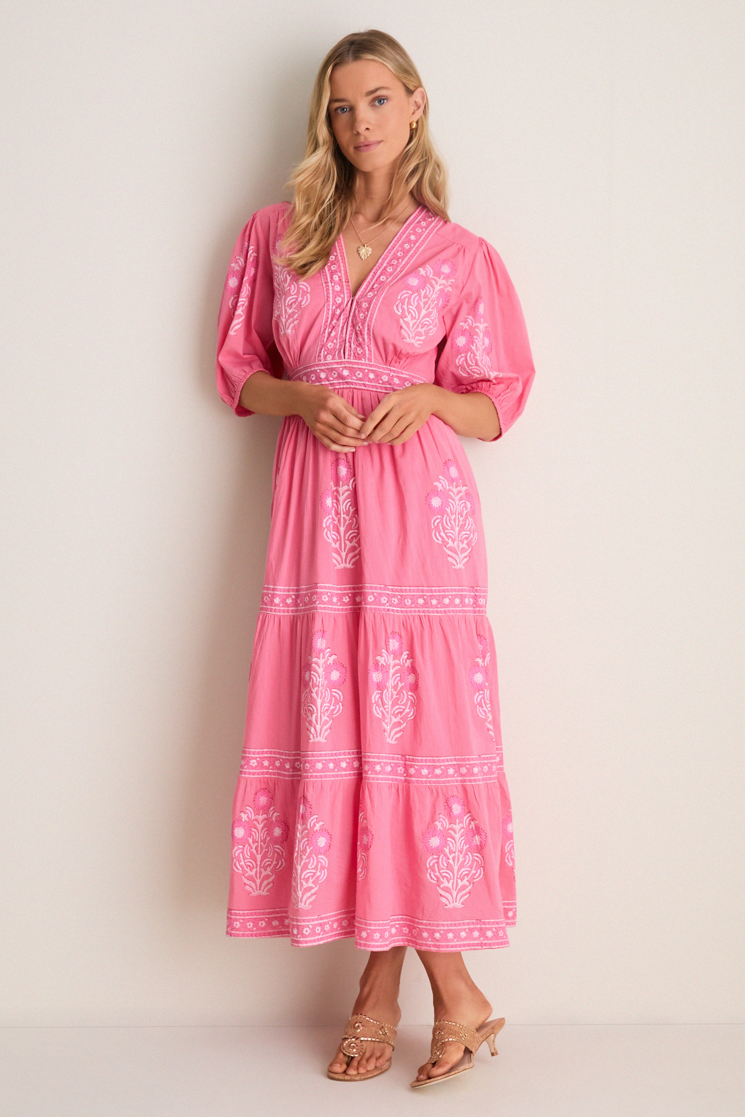Raton Pink V-Neck Puffed Sleeve Maxi Dress