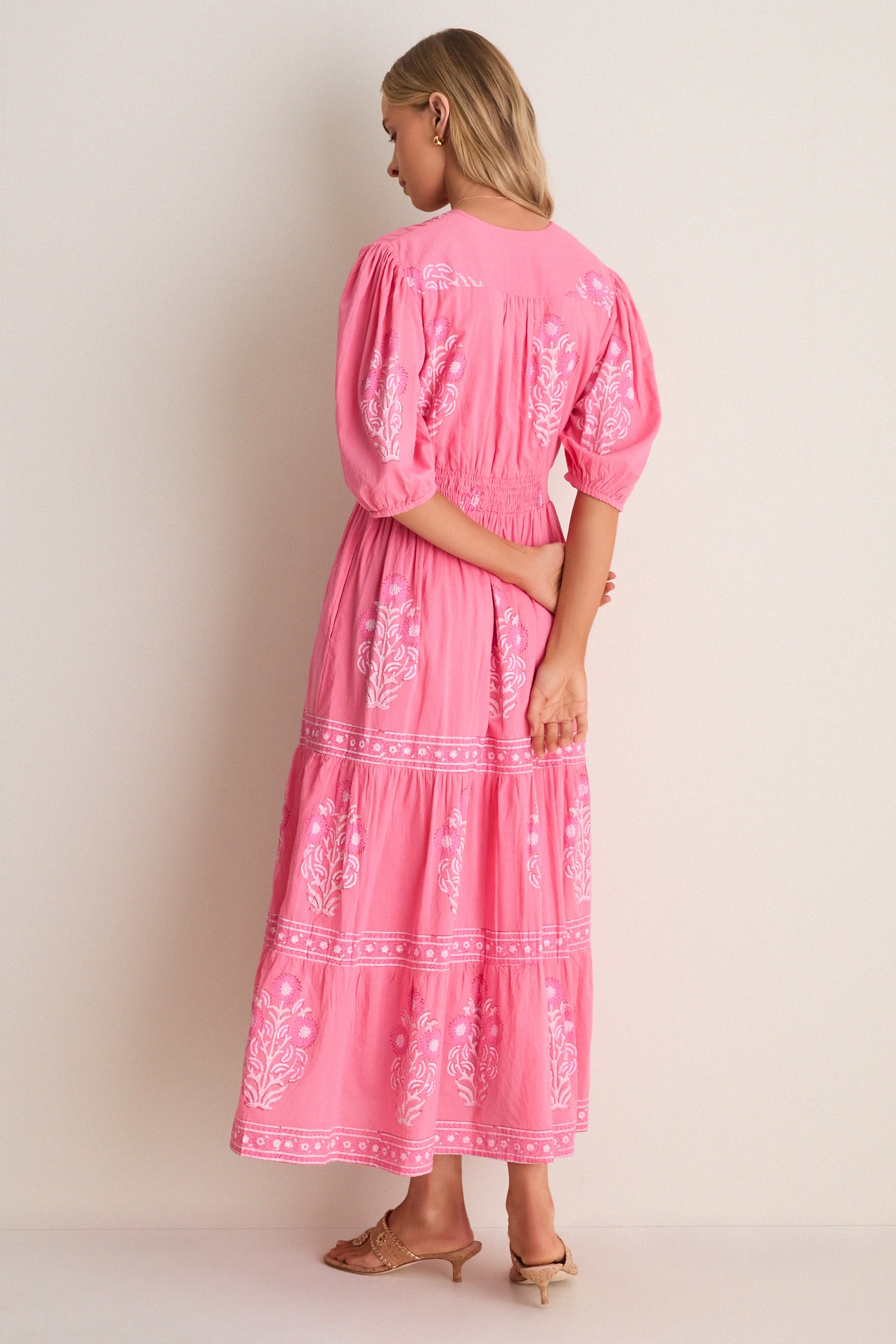 pink puff sleeve dress Raton Pink V-Neck Puffed Sleeve Maxi Dress