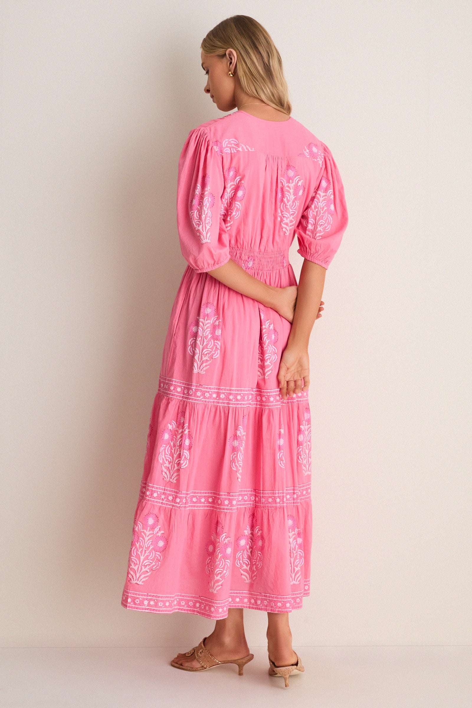 maxi puff sleeve dress Oliphant Raton Pink V-Neck Puffed Sleeve Maxi Dress Raton Pink / S