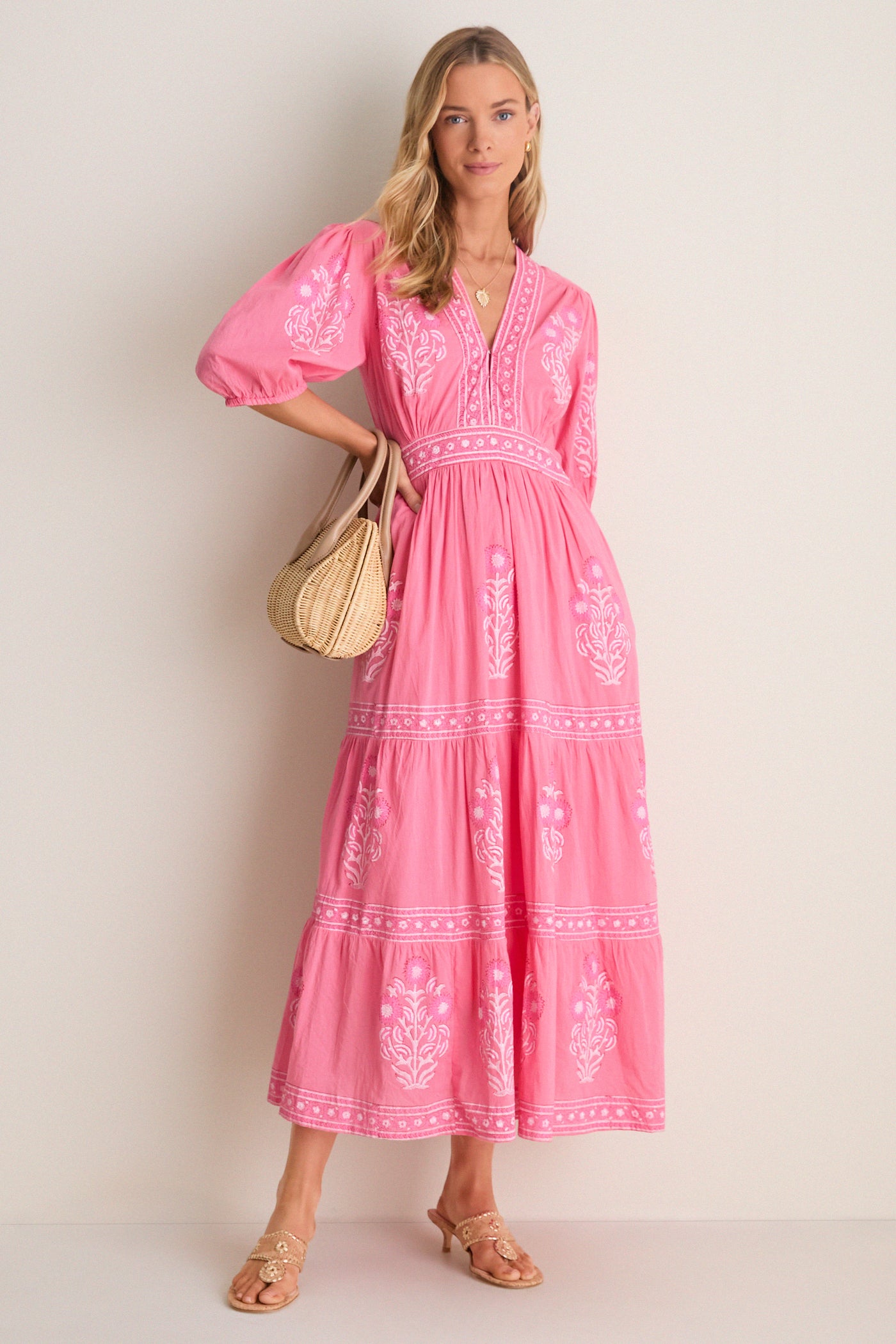 Raton Pink V-Neck Puffed Sleeve Maxi Dress | Oliphant Raton Pink V-Neck Puffed Sleeve Maxi Dress | Oliphant