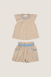 Camel Check Cecil Short Set: Classic gingham top and shorts, effortlessly chic with sky-blue accents. This fun, high-end outfit embodies easy, all-day comfort and style.