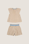 Camel Check Cecil Short Set, a classic gingham two-piece with effortless style. Features a ruffled blouse and elastic shorts, perfect for fun, high-end summer outings.