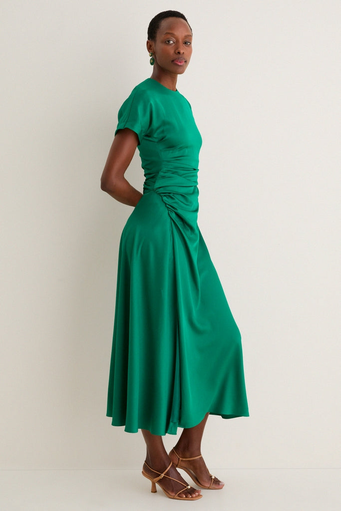 green draped midi dress Reiss Satin Asymmetric Draped Midi Dress in Teal Green
