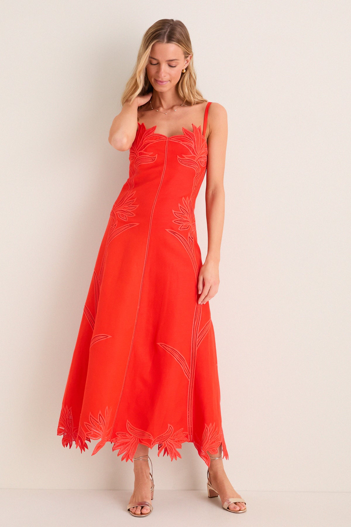 SIMKHAI Lobster Ellery Embroidered Bustier Midi Dress Lobster / M