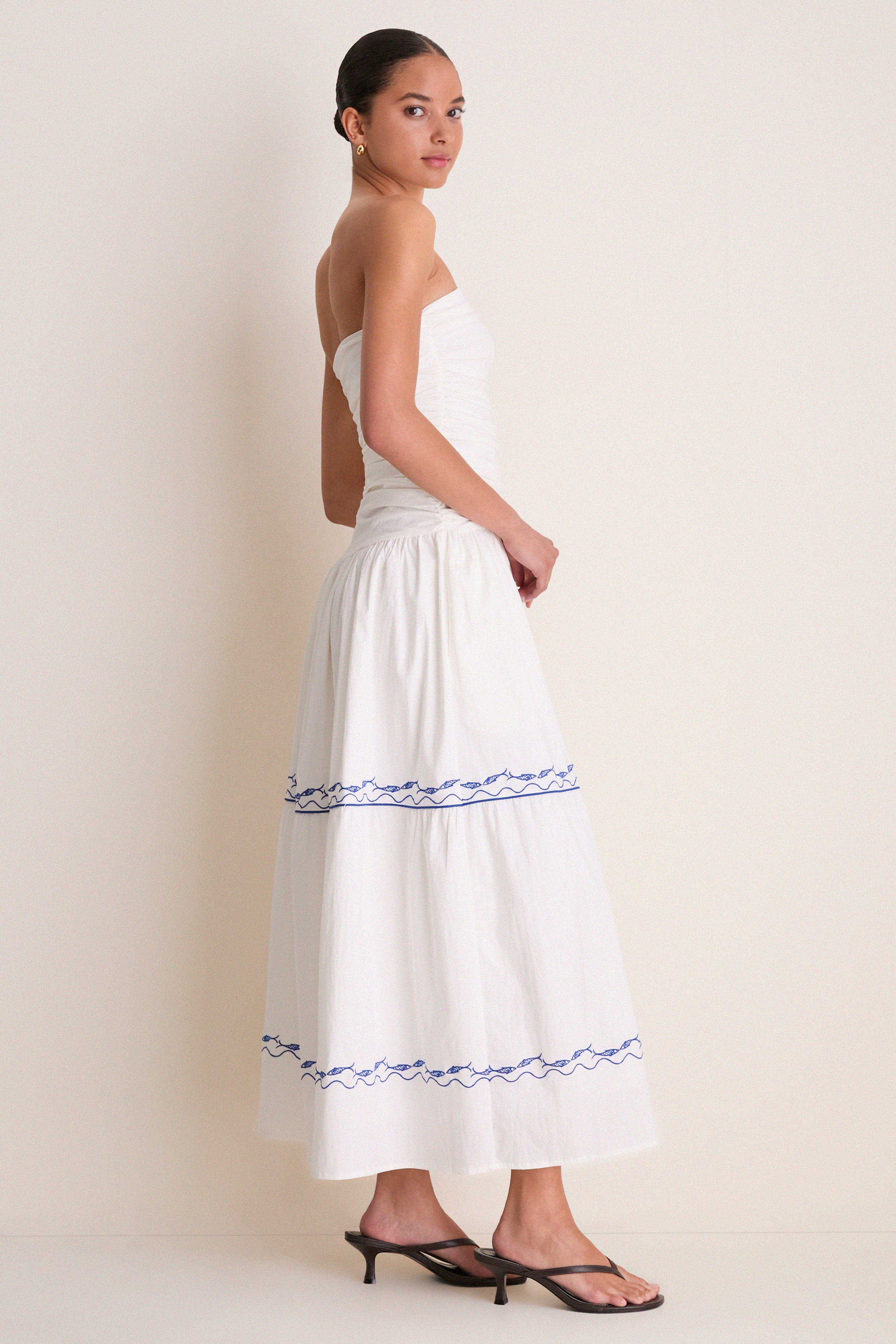 White and Blue Oia Midi Dress